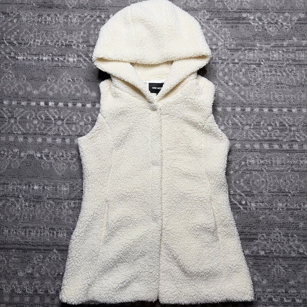 Nine West Womens Sherpa Fleece Hooded Vest Ivory Small Snap Cozy Cabin